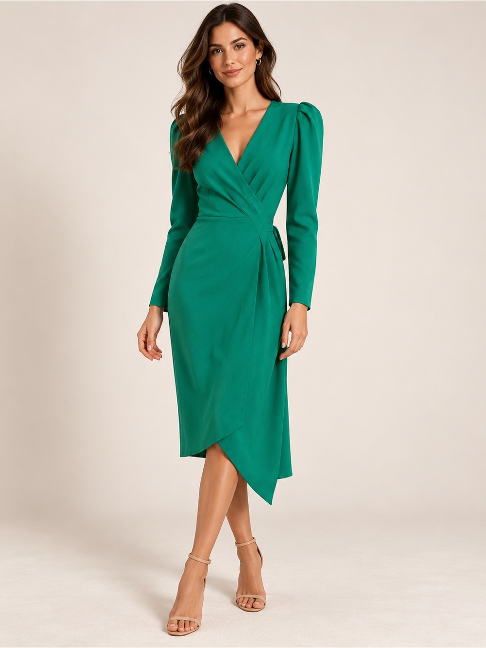 Express Emerald Green Satin Wrap Midi Dress Puff Sleeve Tie Waist – Size S